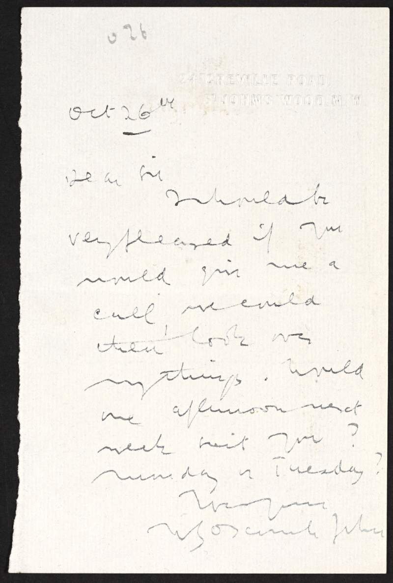 Letter from Sir William Goscombe John to [Hugh Lane] asking Lane to call to look at some of his works,
