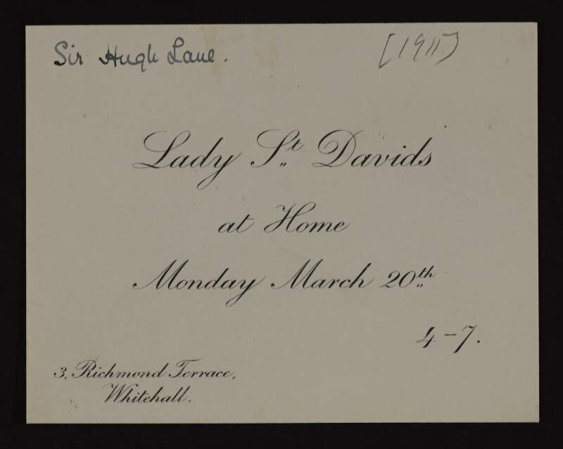 Visiting card from Leonora (Nora) Philipps St. Davids to Hugh Lane for 20 March, at her address in Whitehall,