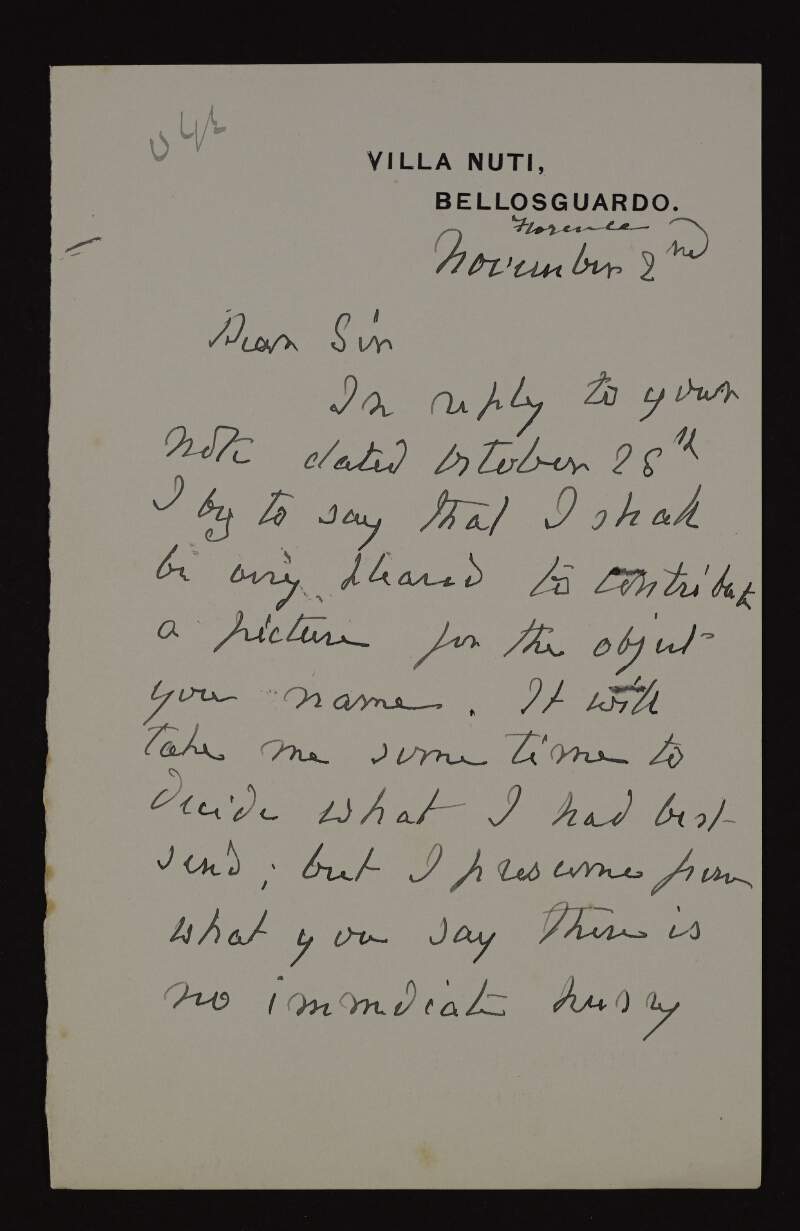 Letter from John Roddan Spencer Stanhope to Hugh Lane, saying he has been cleared to contribute a picture but it will take him some time to decide on which one,