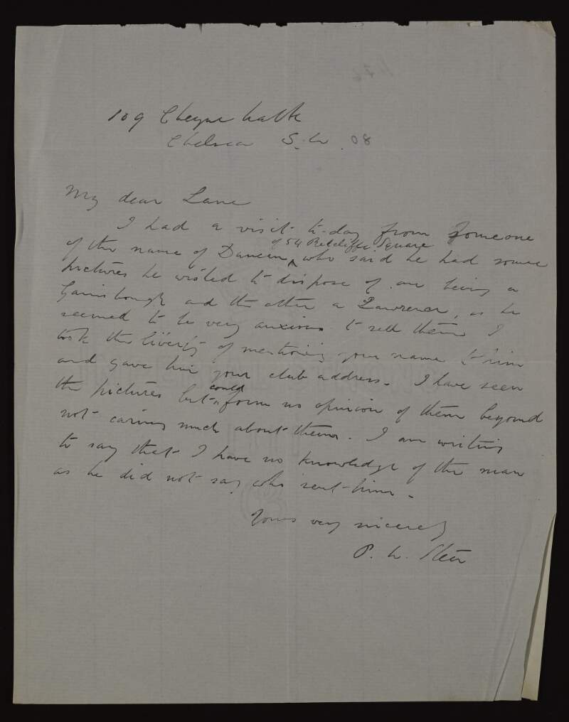 Letter from Philip Wilson Steer to Hugh Lane regarding a visit from "Duncan" who had some pictures that he was anxious to sell, and who Steer passed on Hugh Lane's name and club address to,