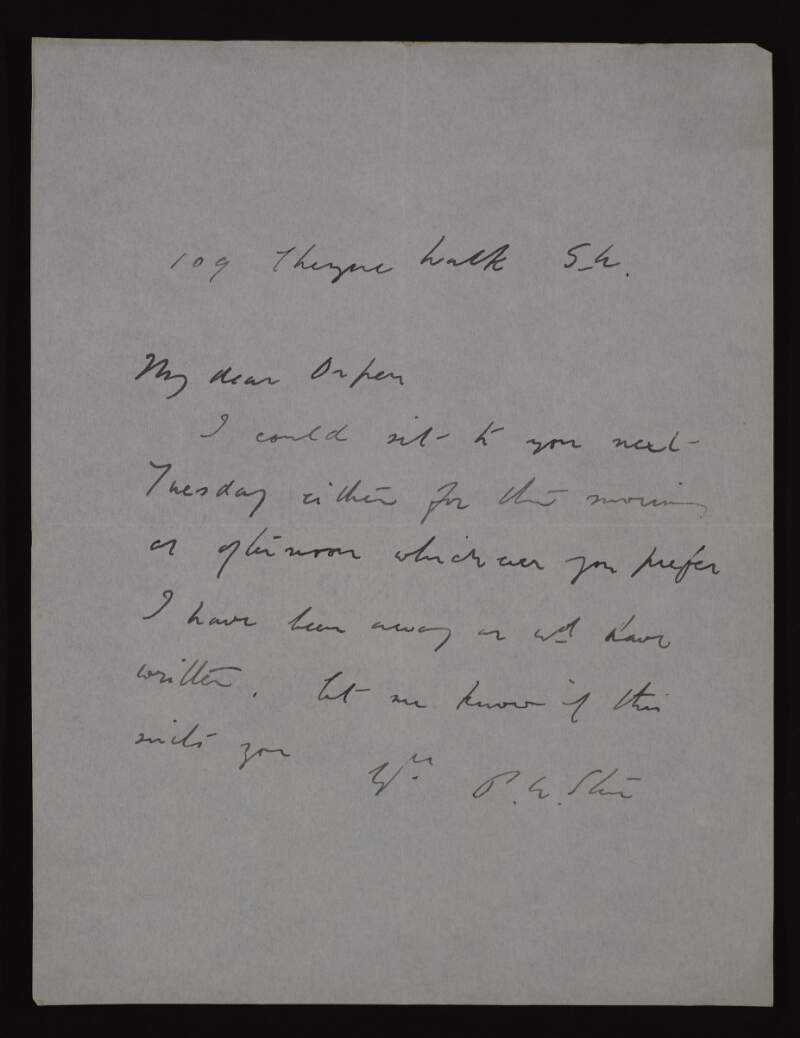 Letter from Philip Wilson Steer to Hugh Lane about how he could meet him next Tuesday,