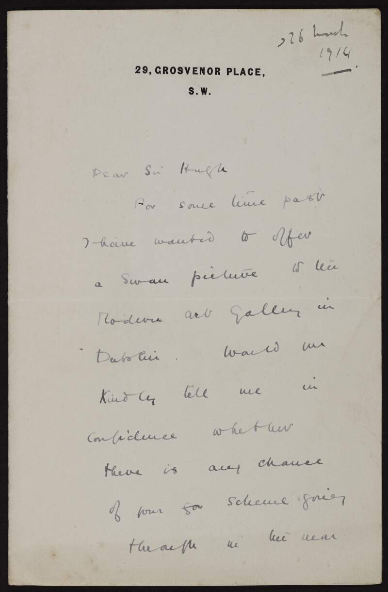 Letter from Una Pope-Hennessy to Hugh Lane offering a swan picture to the Modern Art Gallery in Dublin,