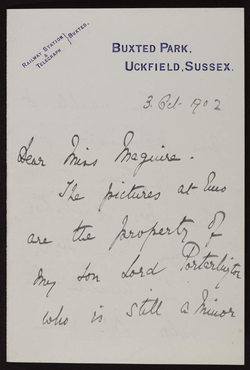 Letter from Emma Portarlington to Hugh Lane conveying that the pictures cannot be lent for the exhibition,