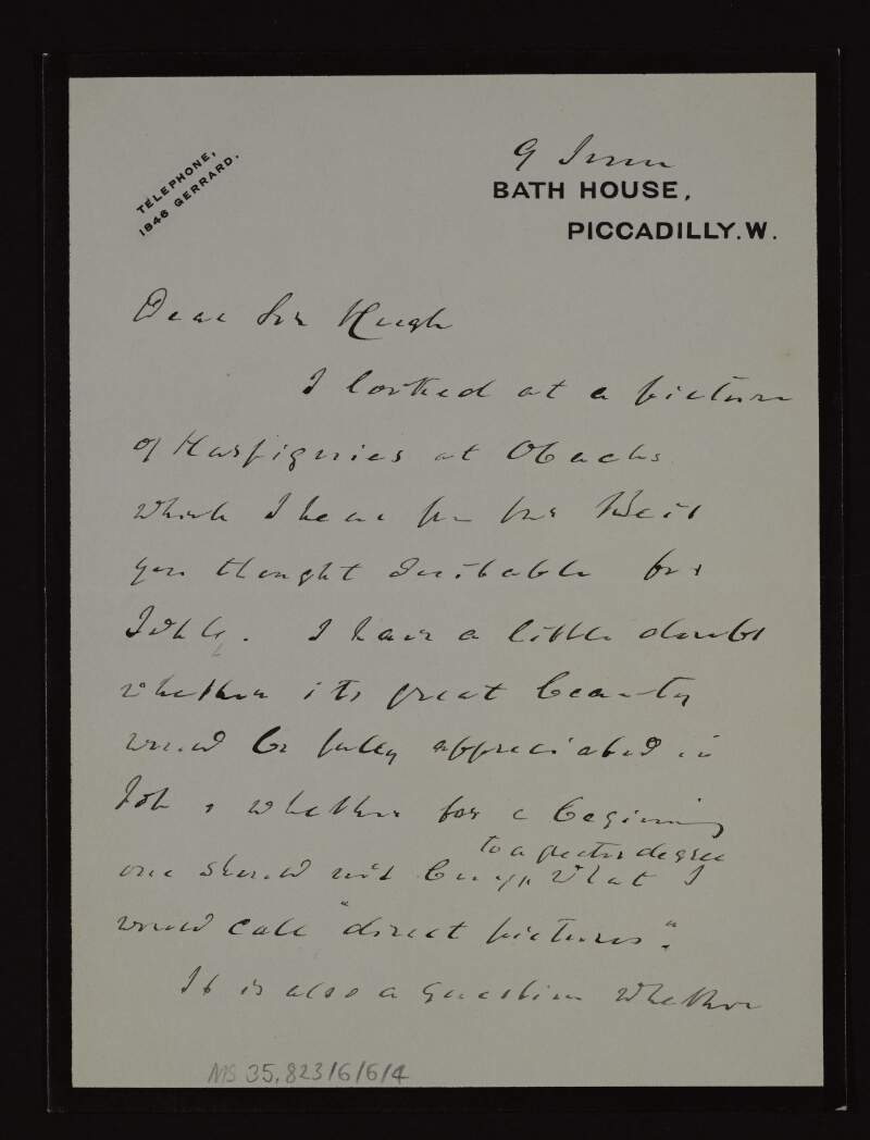 Letter from unidentified author to Hugh Lane regarding the suitability of a picture and mentioning Otto Beit,