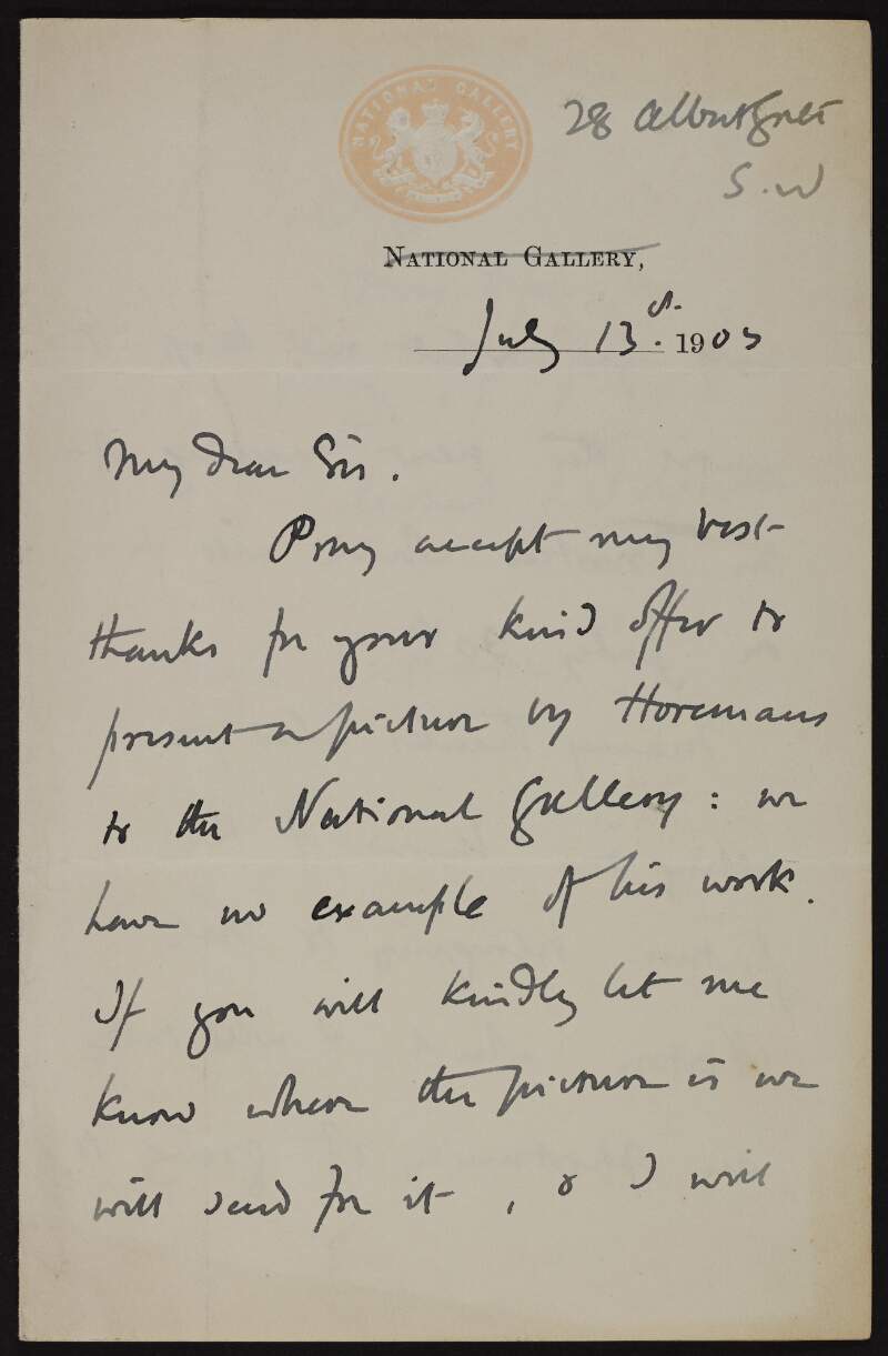 Letter from Sir Edward John Poynter to Hugh Lane thanking him for the offer to present a picture to the National Gallery,