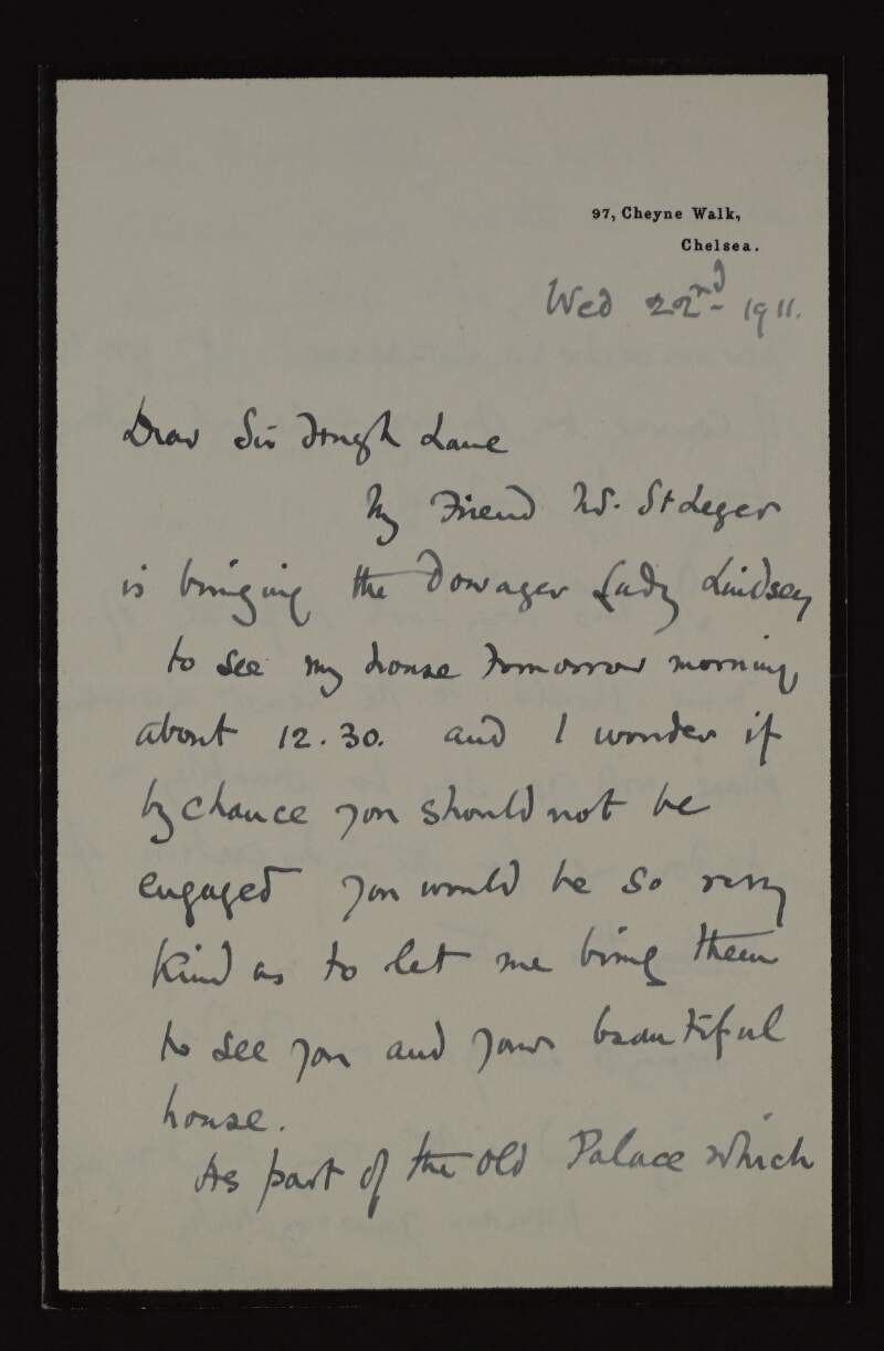 Letter from Arthur Studd to Hugh Lane, asking if he could bring some friends to see him and his beautiful house,