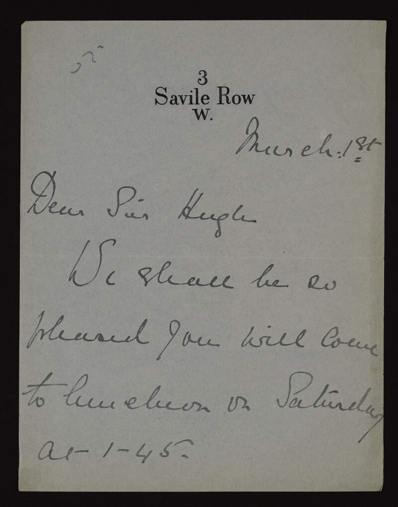 Letter from Dora Foley to Hugh Lane inviting him for lunch on Saturday,