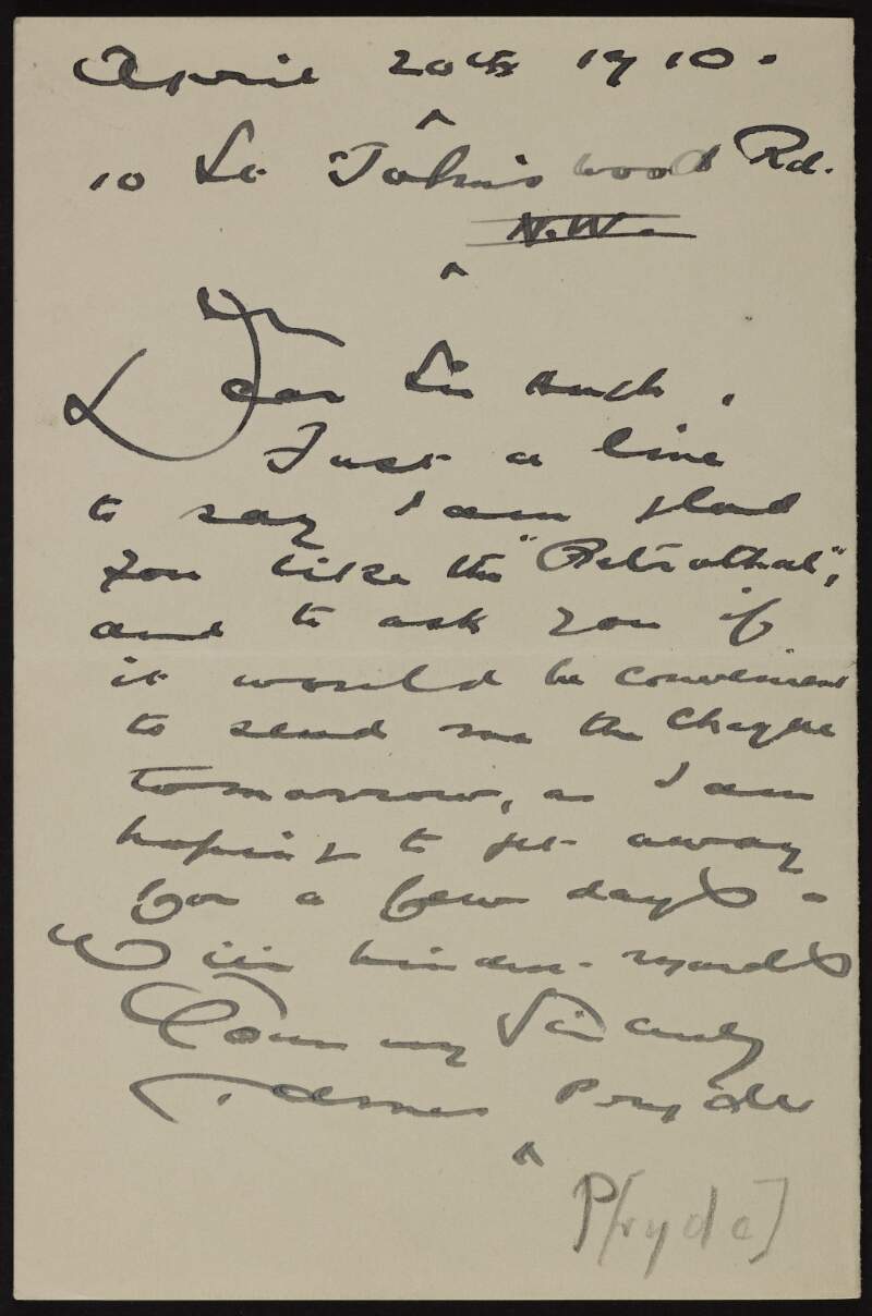 Letter from James Pryde to Hugh Lane regarding the payment of a cheque for a picture he is selling to the gallery,