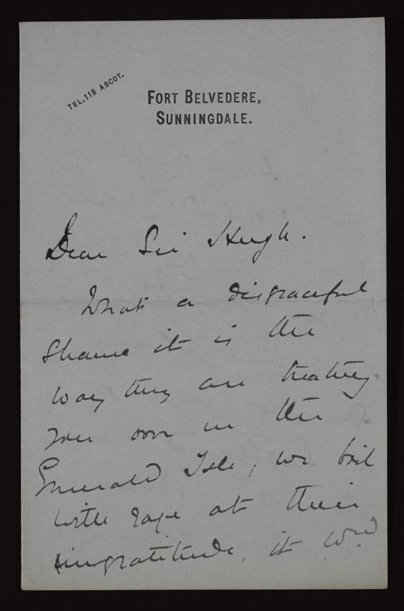 Letter from Hilda Murray to Hugh Lane commenting on the ingratitude with which he is treated in Ireland and informing him she is going to Scotland,