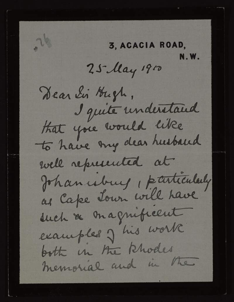 Letter from Mary Swan to Hugh Lane regarding Lane's interest in displaying her husband's work in Johannesburg, Cape Town, and how she cannot reduce the price of the picture in the Royal Academy as it is unique and no other living artist could paint it,