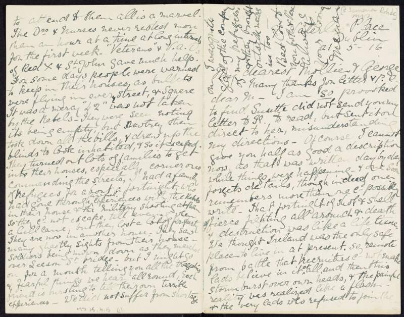 Letter from Sarah Ismena Rohde to "Mollie and George" giving a civilian's account of the events of Easter 1916 in Dublin and her opinions on same,