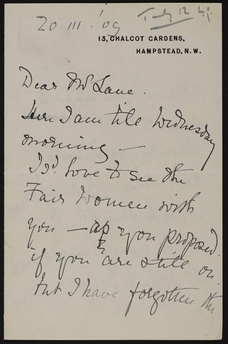 Letter from Sarah Purser to Hugh Lane regarding a social engagement he wishes to organise,