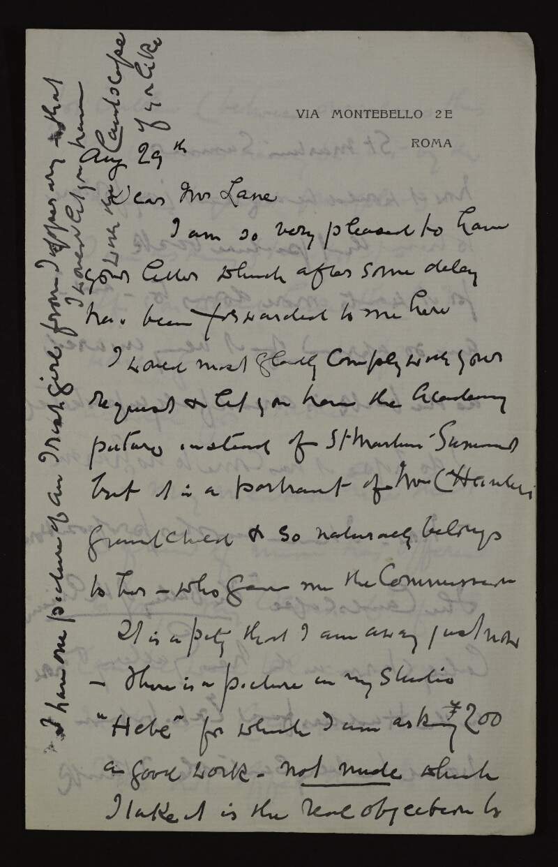 Letter from Annie Louisa Swynnerton to Hugh Lane, granting him the academy picture as requested,