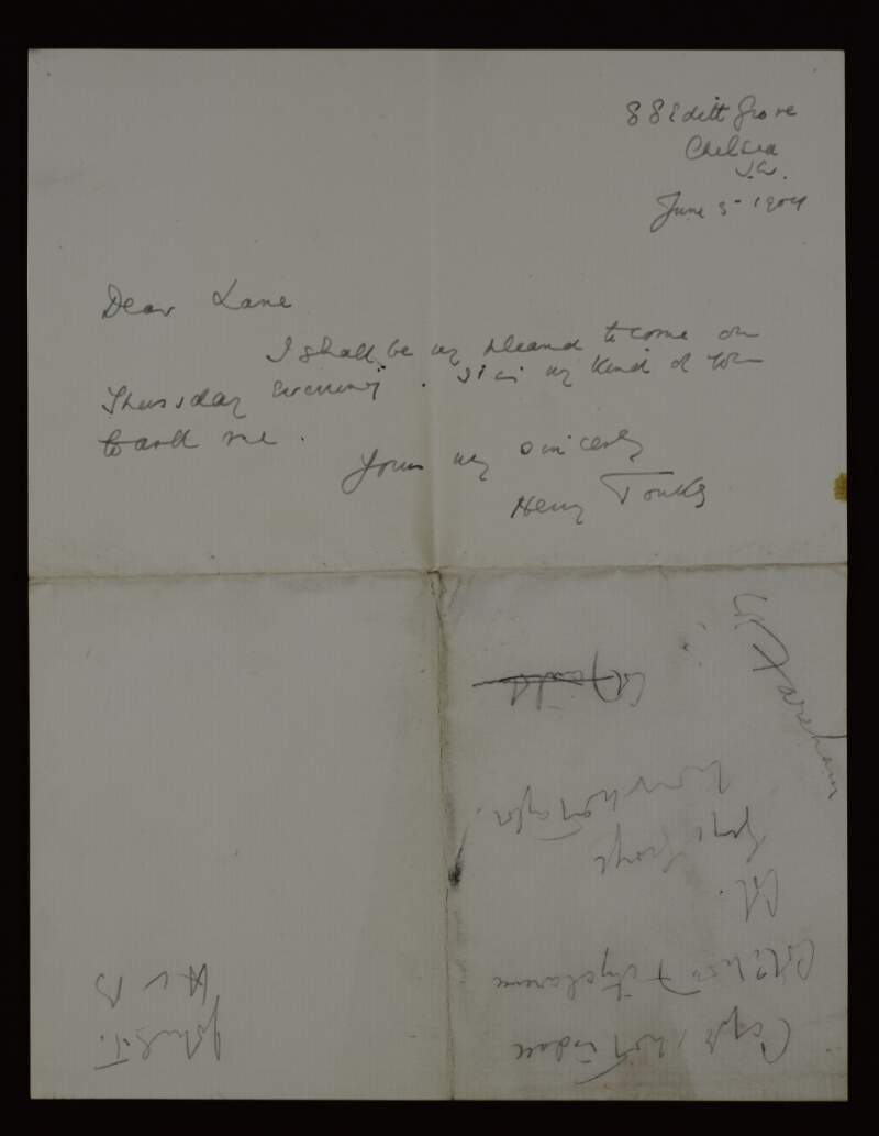 Letter from Henry Tonks to Hugh Lane, saying he will be pleased to come on Thursday evening,