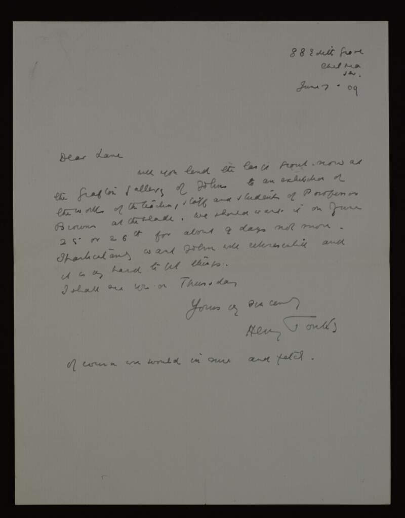 Letter from Henry Tonks to Hugh Lane, saying he will see him on Thursday,