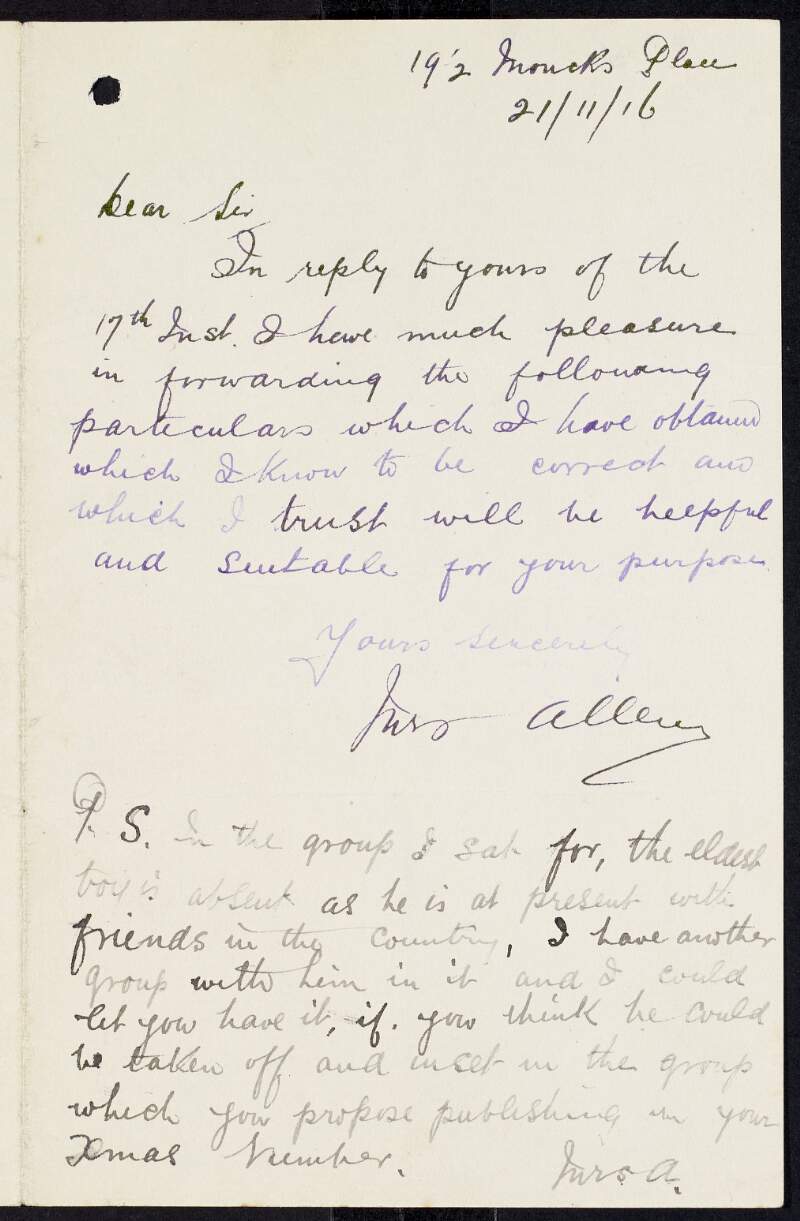 Letter from "Mrs. Allen" to J. J. O'Kelly, editor of the 'Catholic Bulletin' giving details of Tommy Allen's experiences in the Irish Volunteers during the Easter Rising,