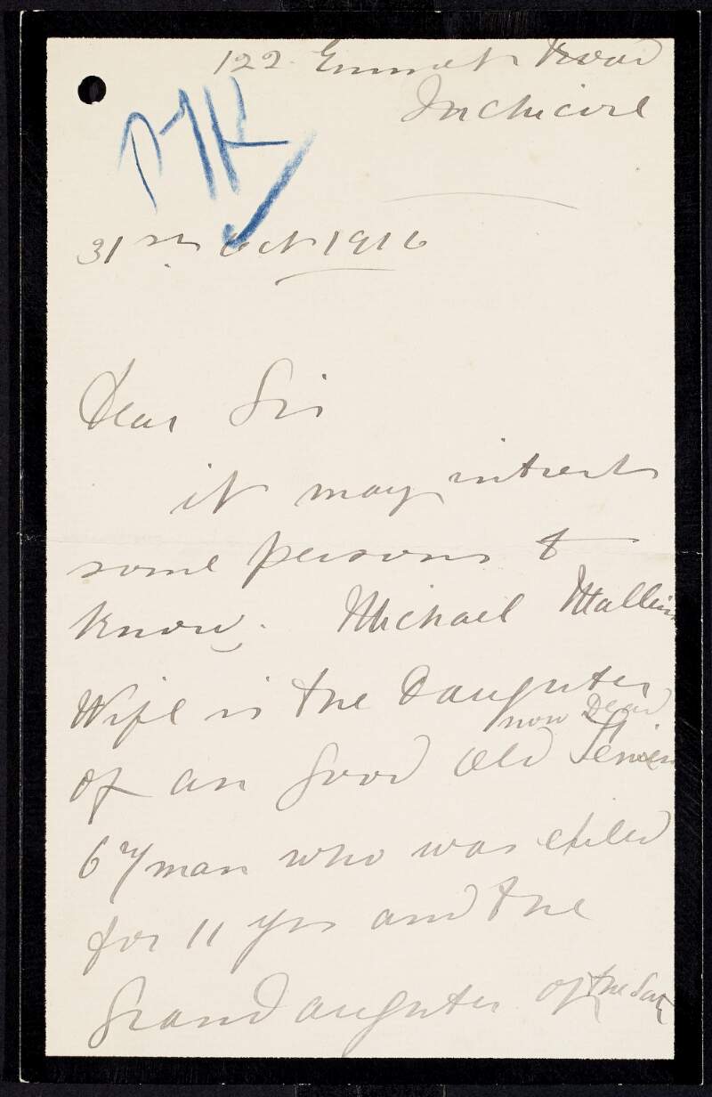 Letter from Una [Agnes] Mallin to J. J. O'Kelly giving details of her own family background,