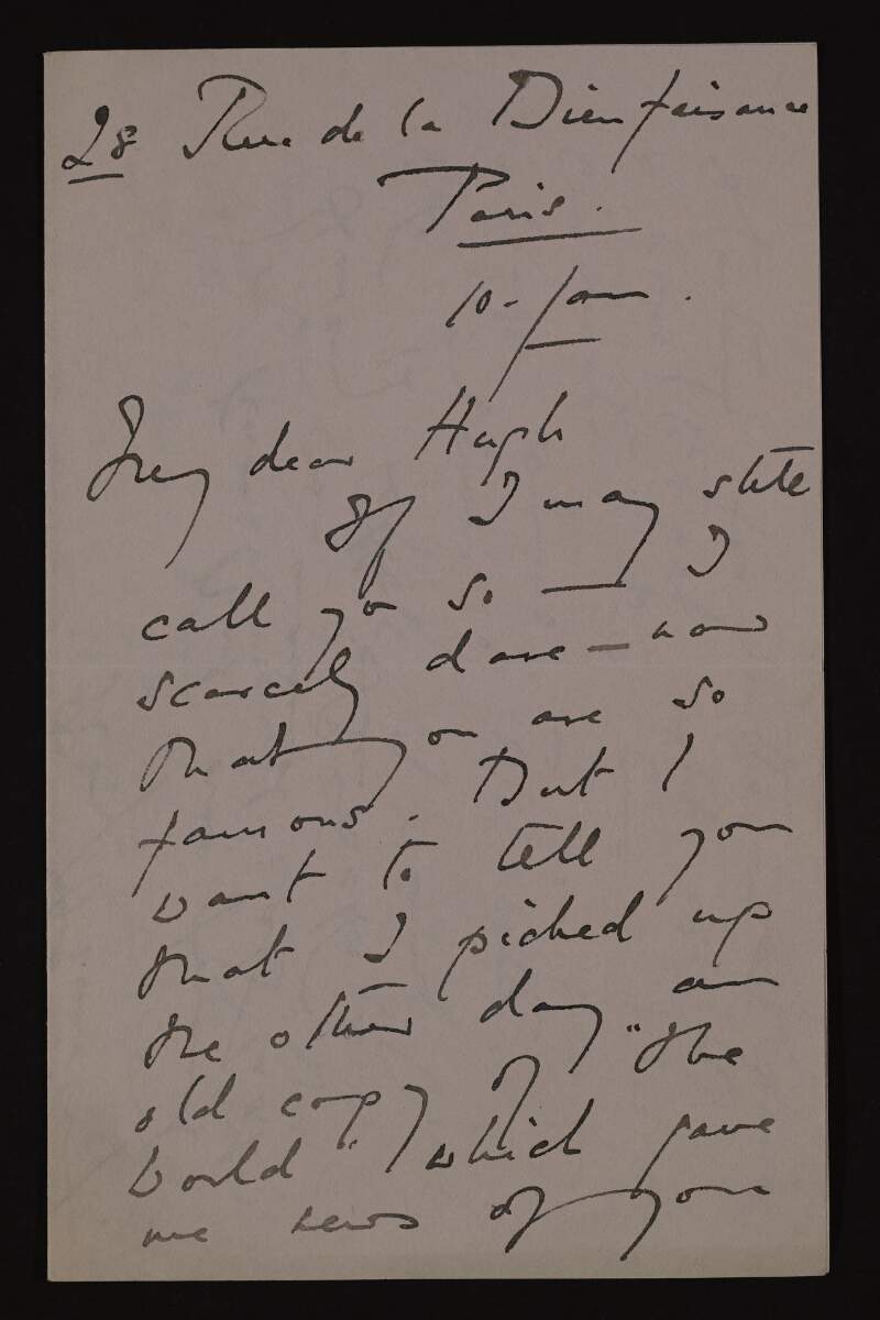Letter from Roy Devereux, Paris, to Hugh Lane with references to Lane's success, Devereux's upcoming trip to Southern Algeria and John Lavery's wedding to "La Bella Simonetta" [Hazel Trudeau née Martyn],