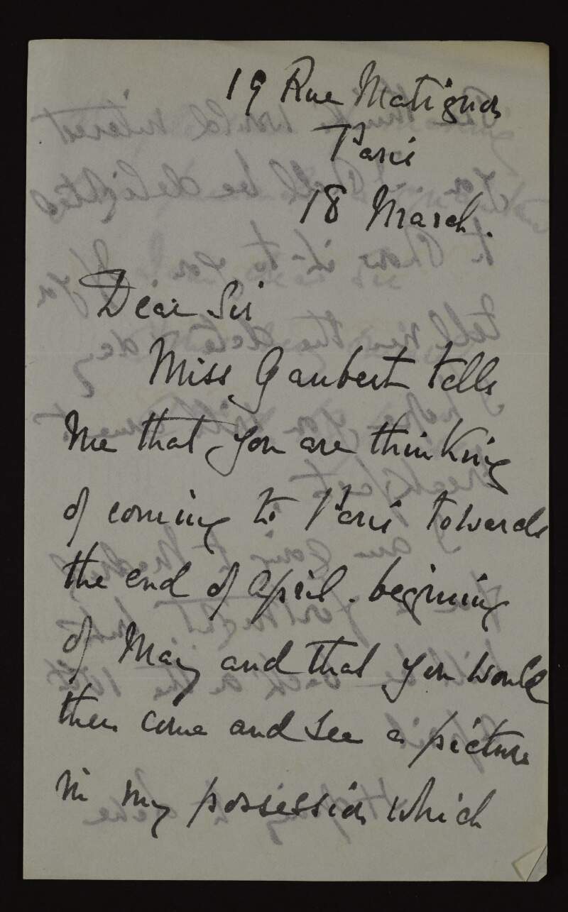 Letter from unidentified person, Paris, to Hugh Lane regarding showing him a picture and informing him that she is going to Madrid,