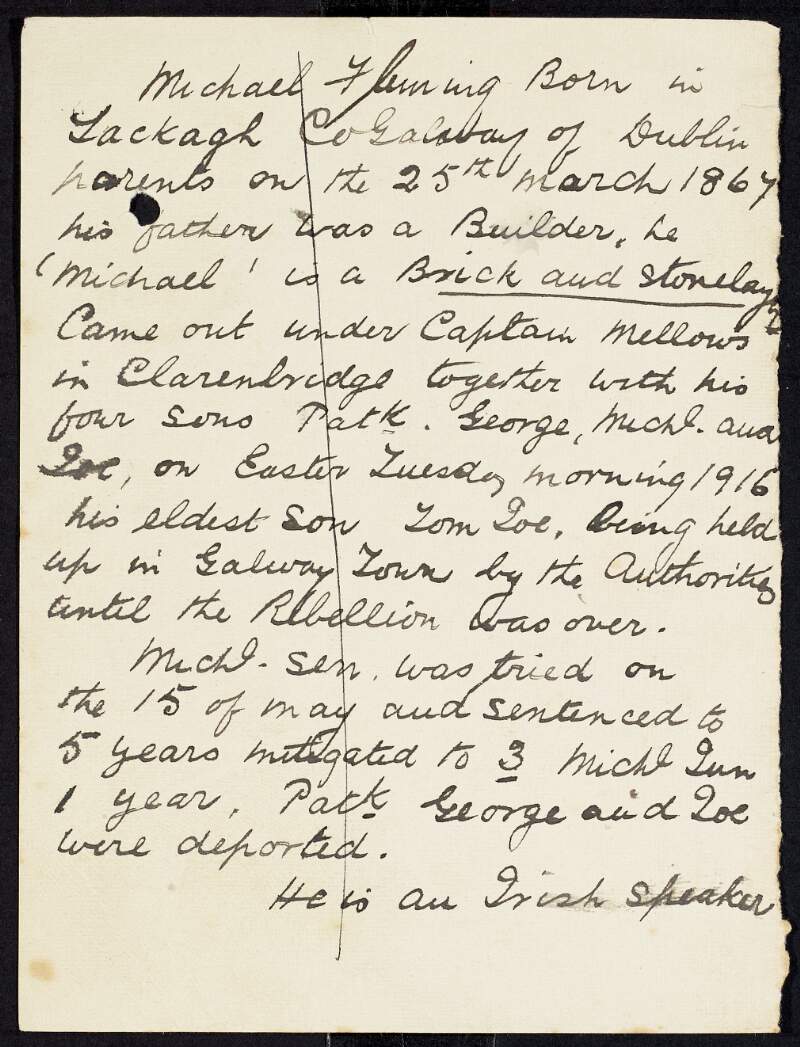 Notes for J. J. O'Kelly, editor of the 'Catholic Bulletin', about Michael Fleming and his sons in Clarenbridge during and after the Easter Rising,