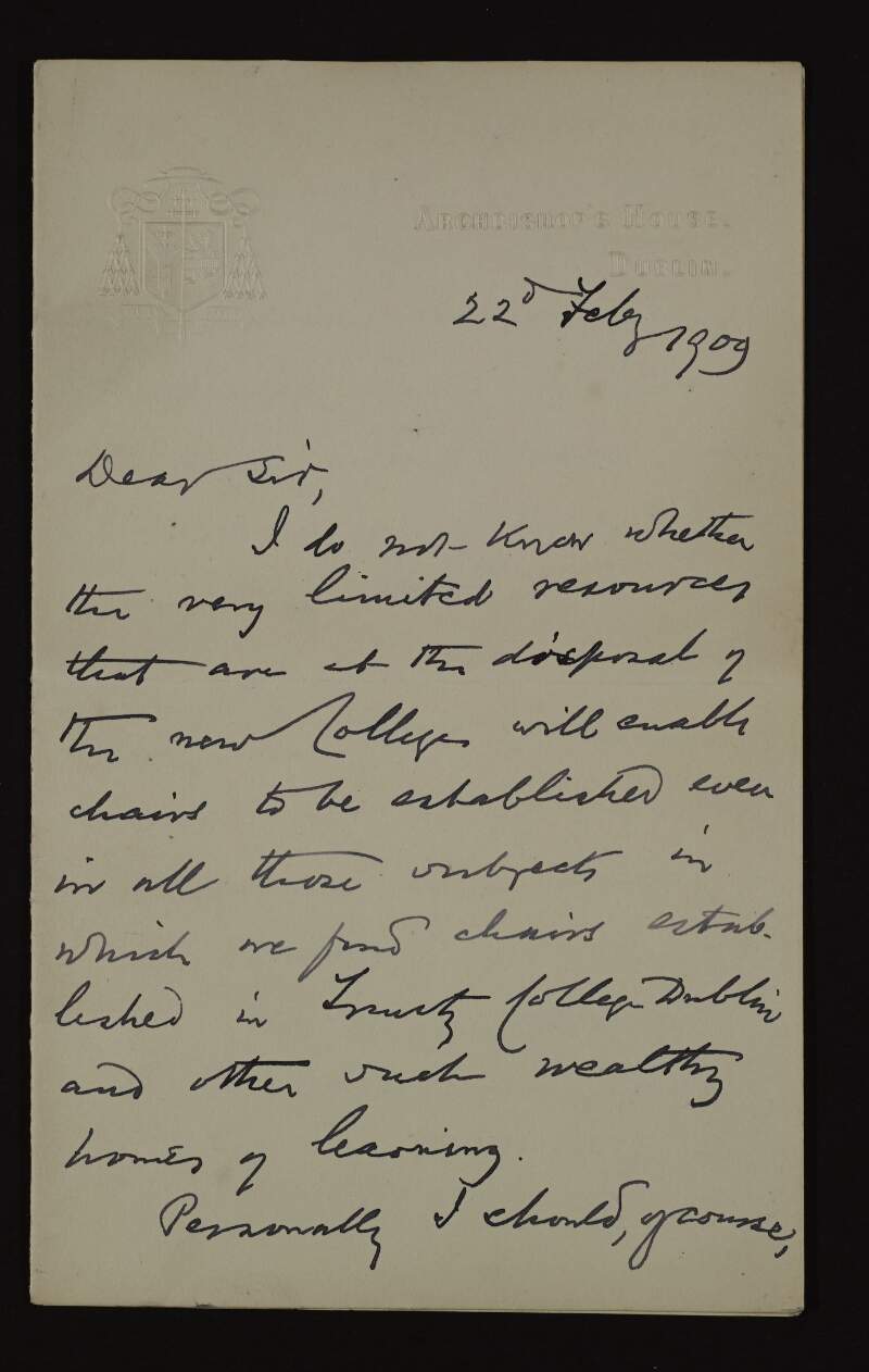 Letter from William Walsh, Archbishop of Dublin, to Hugh Lane, declining to offer resources that are needed for the new college in Dublin,