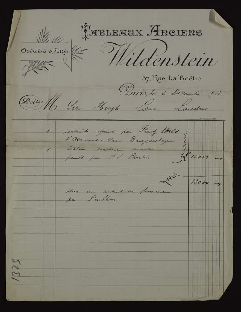 Bill for two pictures from Wildenstein & Company to Hugh Lane,