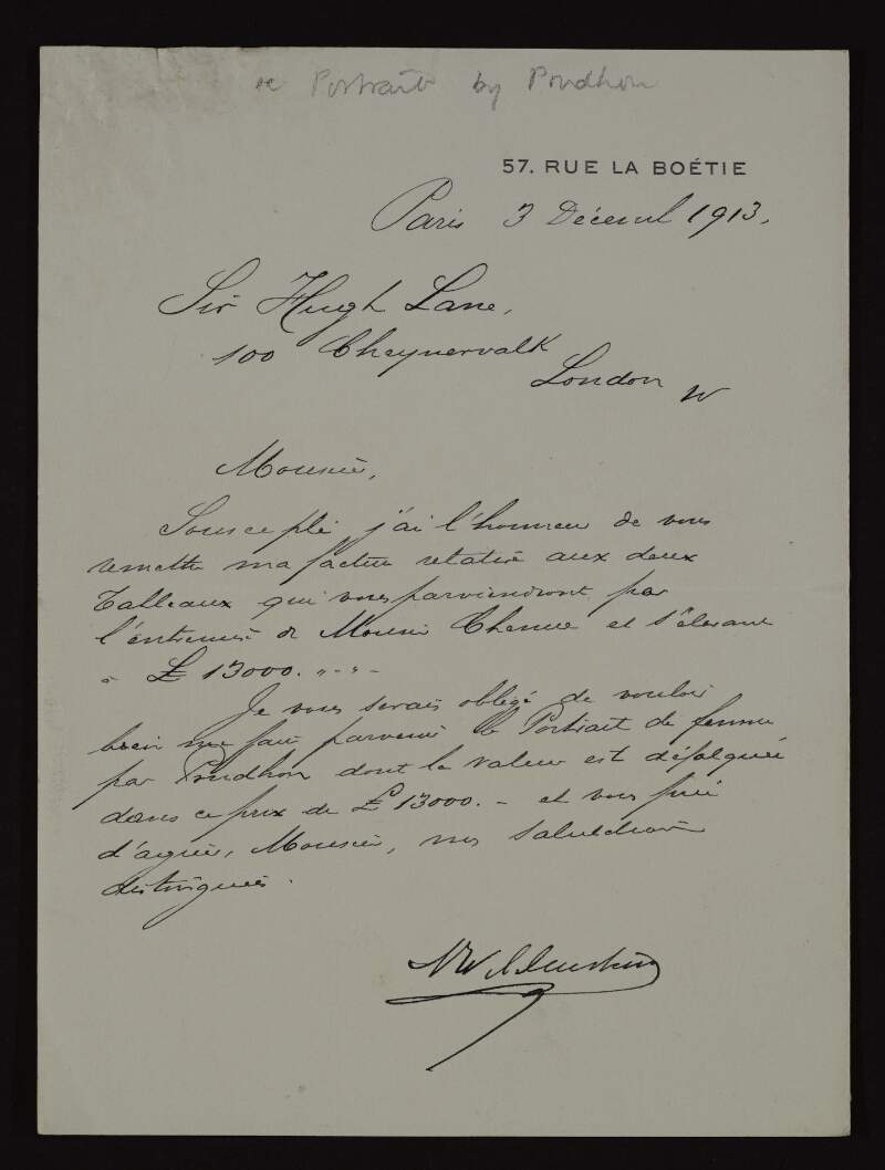 Letter from Wildenstein & Company to Hugh Lane about a portrait by Pierre-Paul Prud'hon,