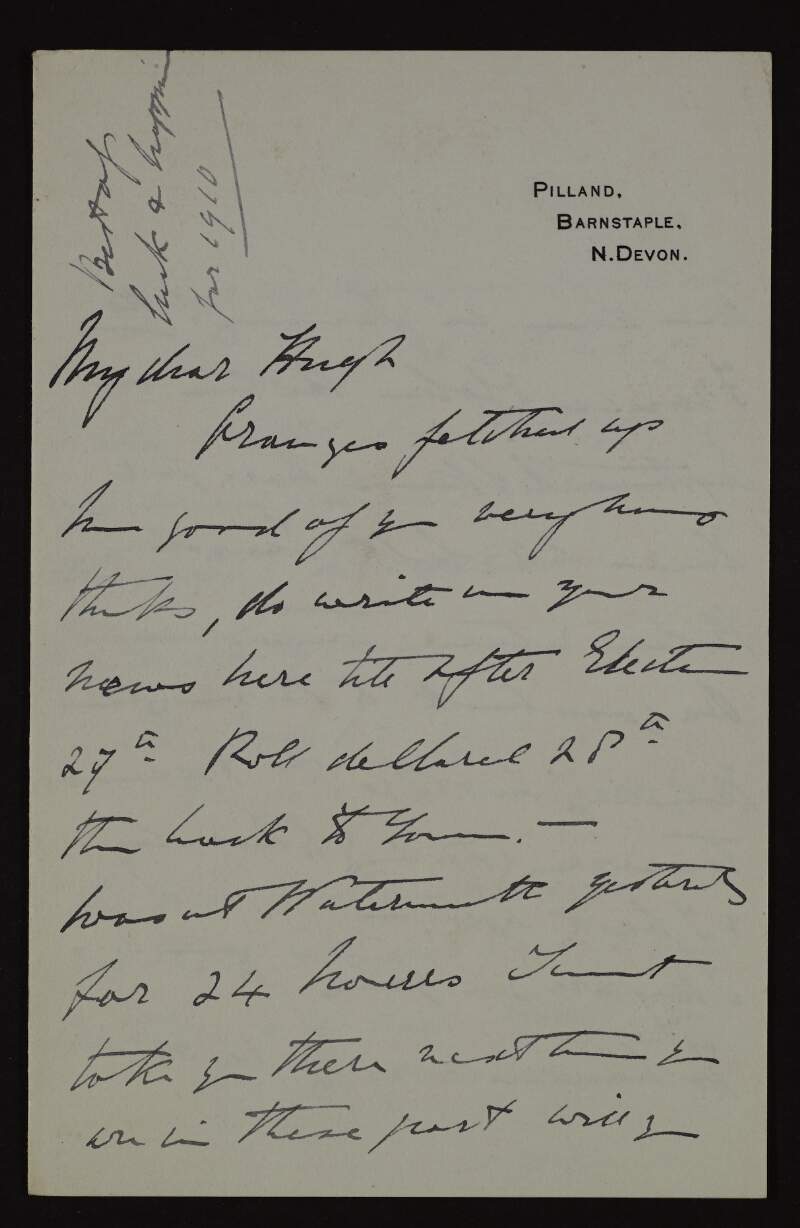 Letter from Matilda F. Williams to Hugh Lane, giving the address of Charles Lyons in Denver, Johannesburg,