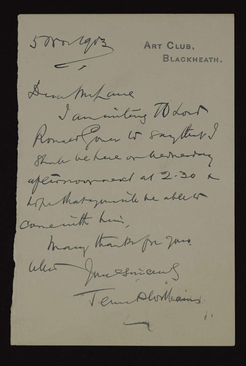 Letter from Terrick Williams to Hugh Lane, inviting him to meet with him and Lord Ronald Gower,