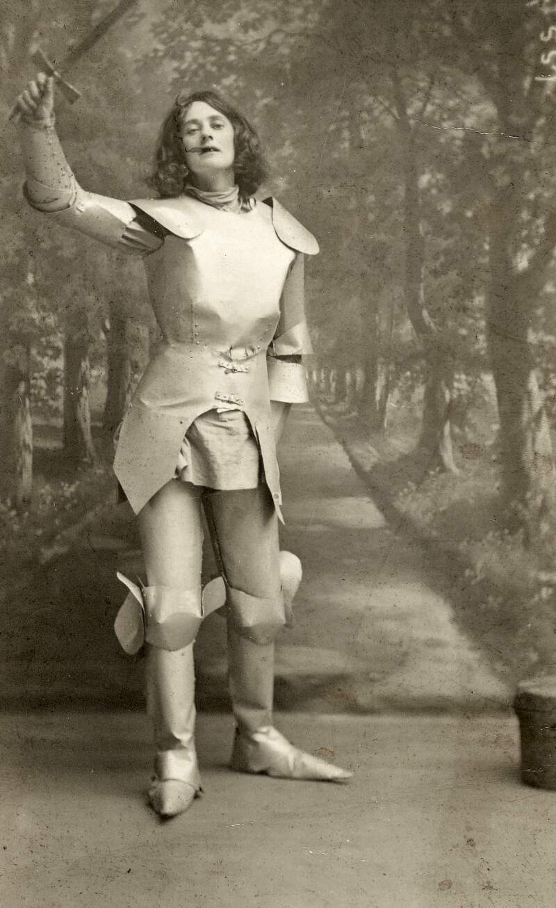 Countess Markievicz as Joan of Arc in suffrage pageant,
