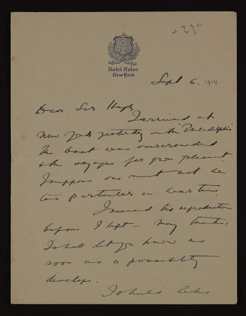Letter from Raymond Wyer to Hugh Lane, saying he arrived in New York the other day on an overcrowded boat, the 'Philadelphia', and that he will give the reproduction to Lane when he can,
