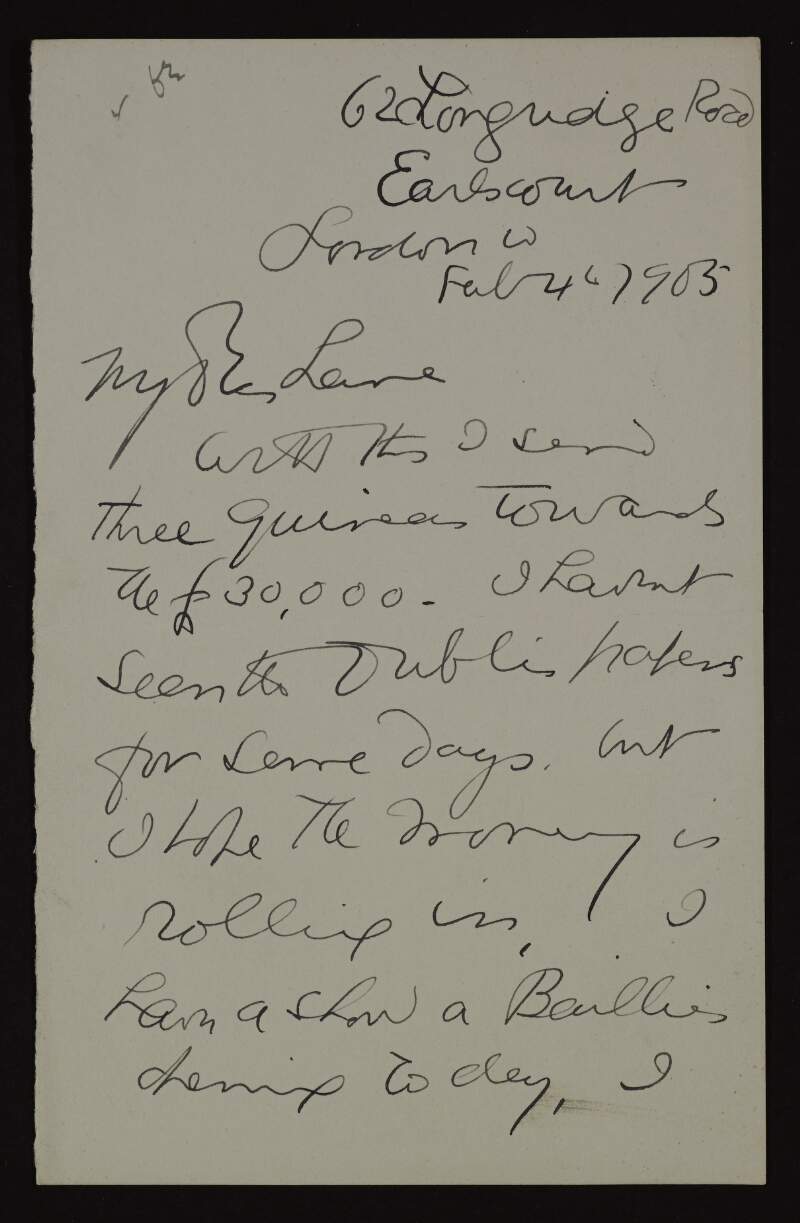 Letter from Jack Butler Yeats to Hugh Lane, contributing three guineas to the £30,000,