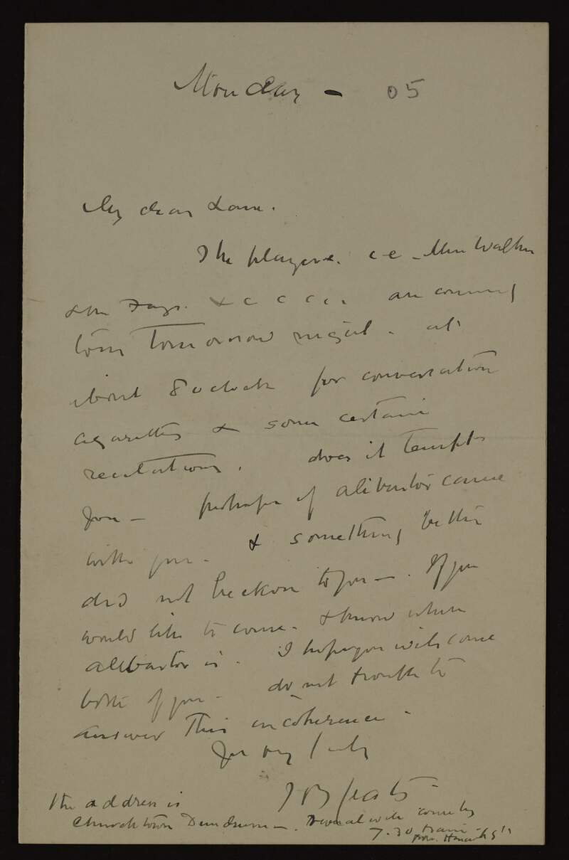 Letter from John Butler Yeats to Hugh Lane, inviting him to a social gathering,