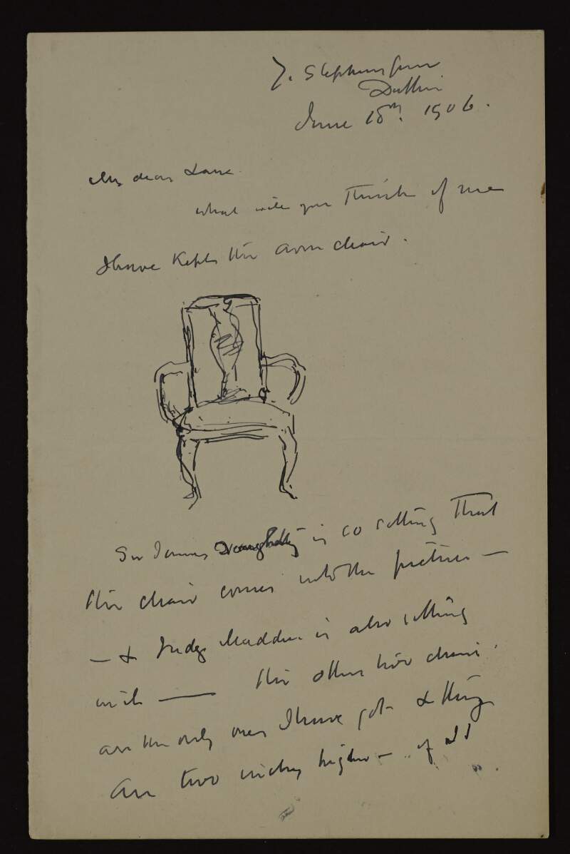 Letter from John Butler Yeats to Hugh Lane regarding a chair and his paintings,