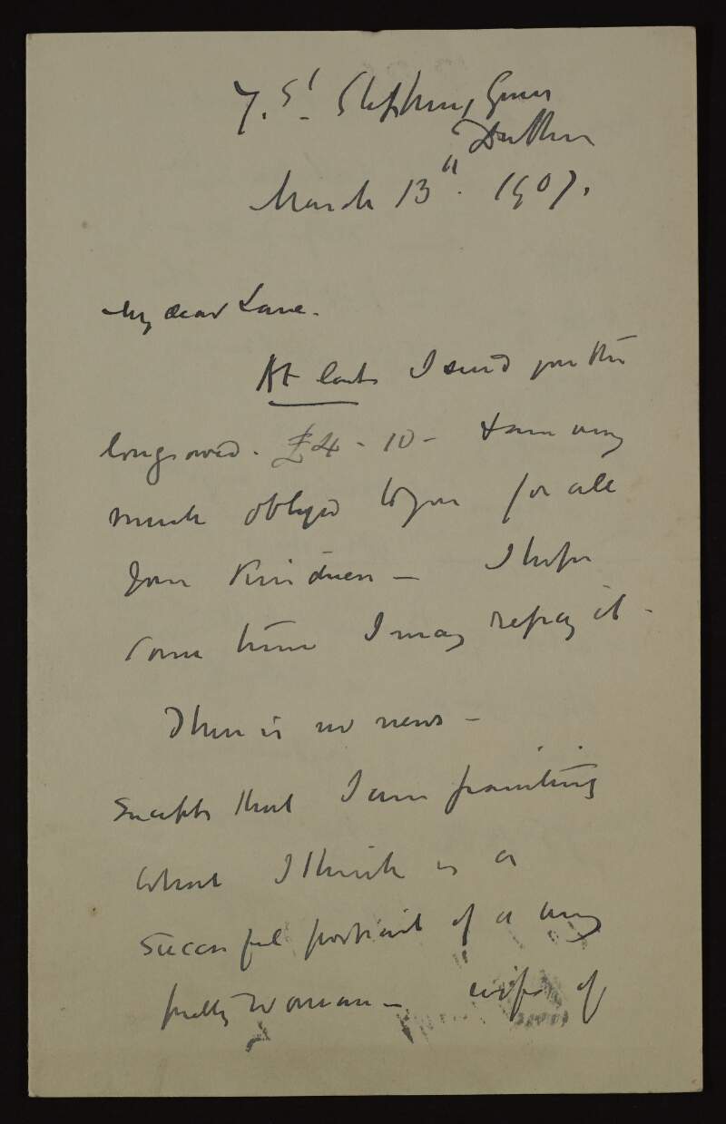 Letter from John Butler Yeats to Hugh Lane about a portrait he is painting of the Irish wife of an Englishman who works as an Indian civil servant,
