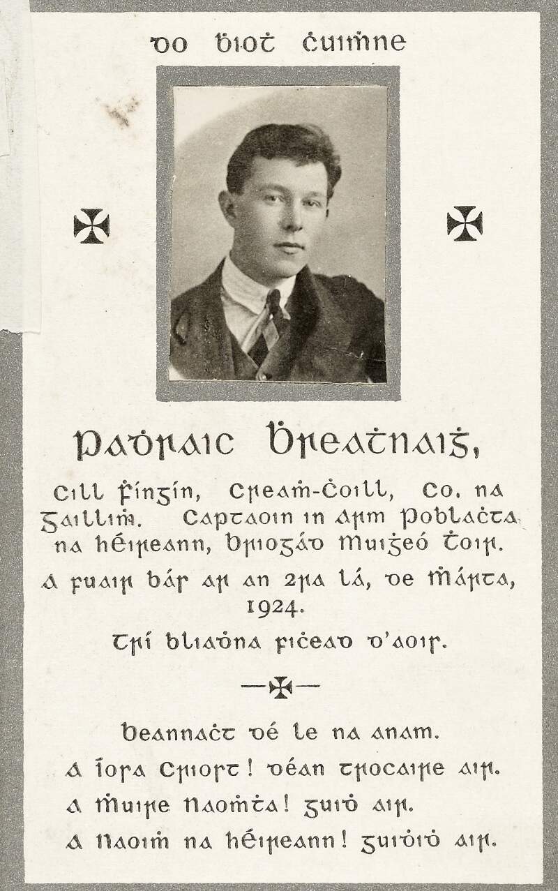 [Memorial card for Padhraic Bhreathnaigh (Paddy Walsh)]