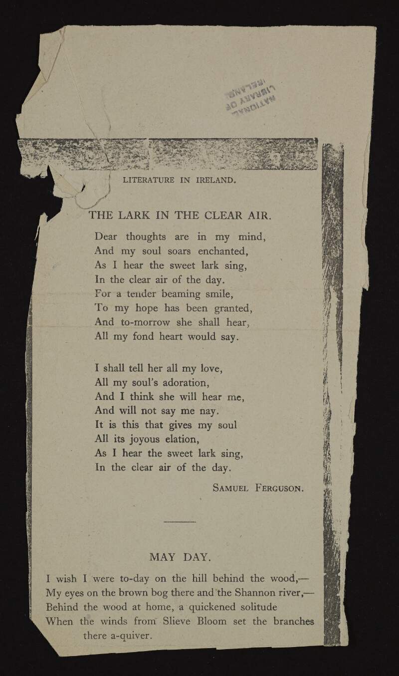 Extract from a book of poetry with a poem by Samuel Ferguson titled 'The Lark in the Clear Air',