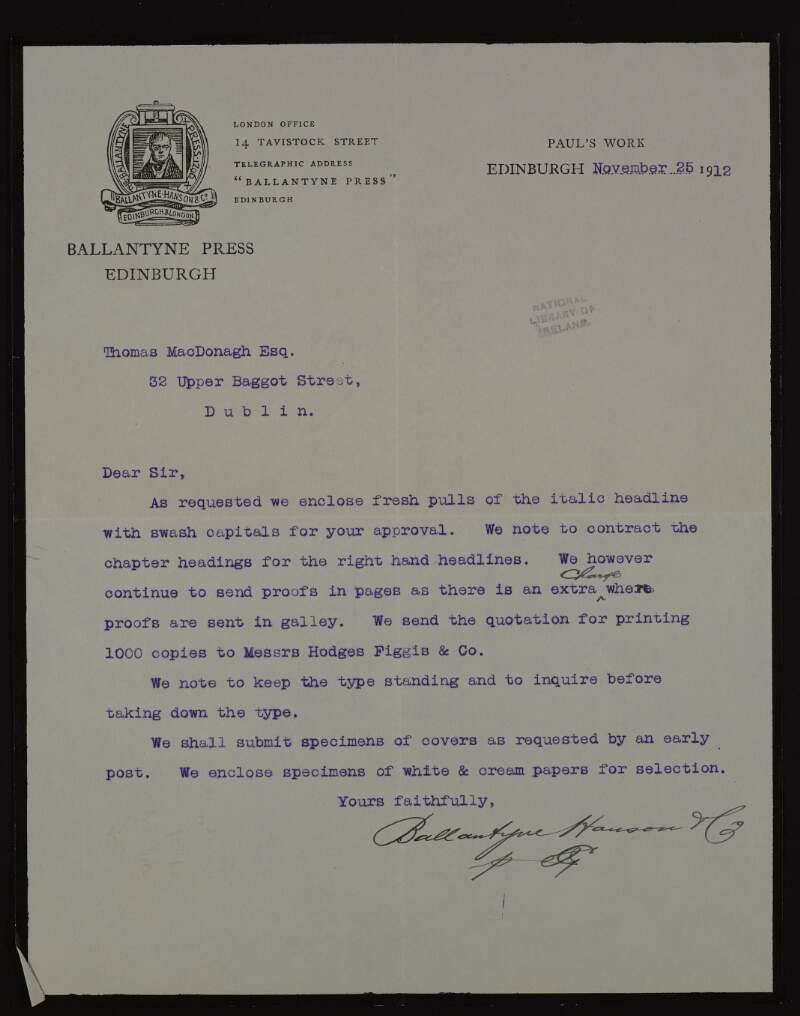 Letter from Ballantyne Hanson and Co. to Thomas MacDonagh regarding proofs for the printing of books,