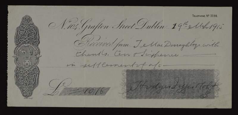 Receipt from Hodges Figgis & Co. to Thomas MacDonagh,