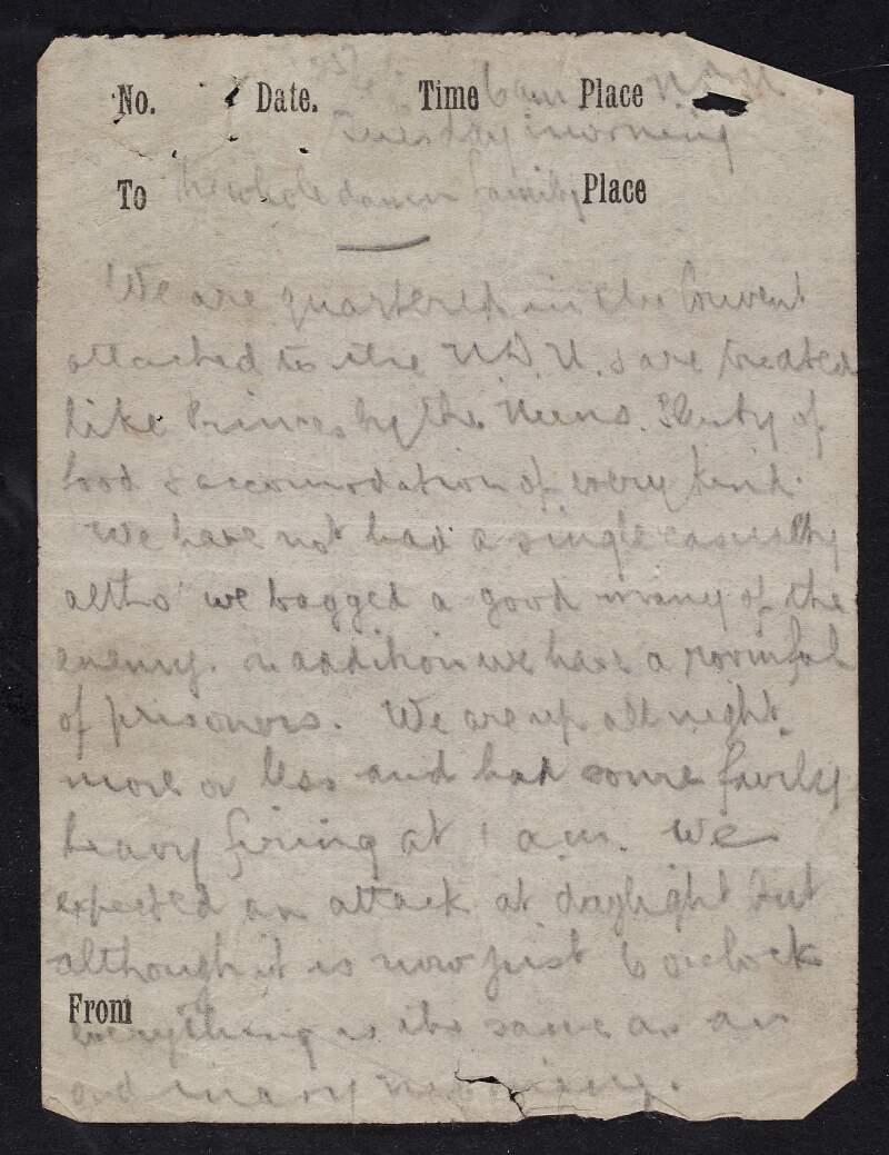 Letter from Éamonn Duggan addresses to his family and written during the Easter Rising,
