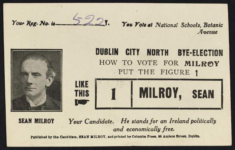 Dublin city north bye-election [sic, by-election] [:] how to vote for Milroy put the figure 1 like this... : your candidate. he stands for an Ireland politically and economically free /