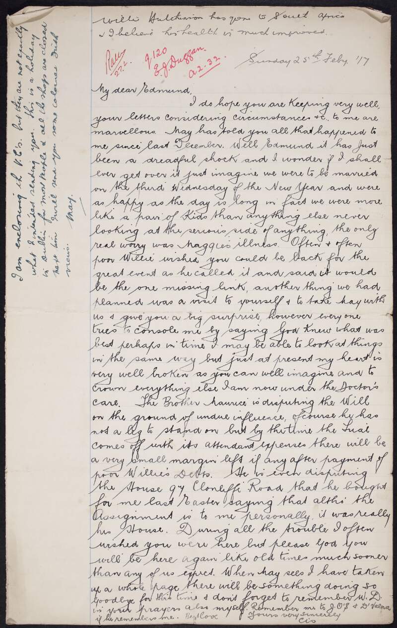 Letter from May Kavanagh to her fiancé Éamonn Duggan, written during his detention in Lewes Prison,