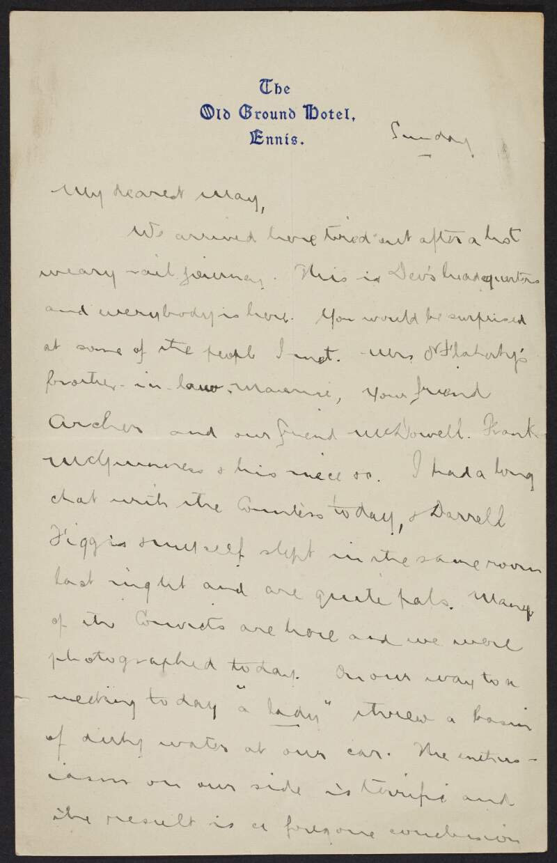 Letter from Éamonn Duggan to his fiancée May Kavanagh, written during the Clare East by-election campaign,