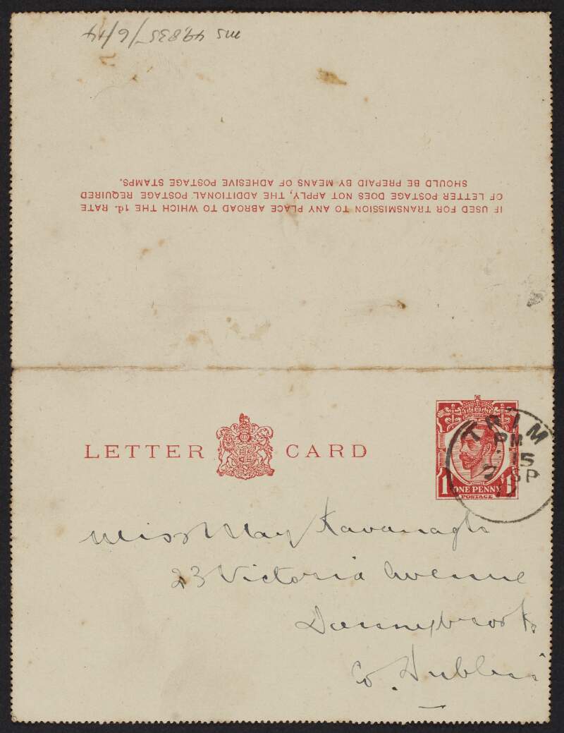 Lettercard from Éamonn Duggan to his fiancée May Kavanagh, written from Trim, Co. Meath,