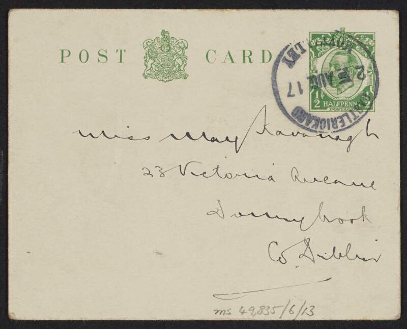Postcard from Éamonn Duggan to his fiancée May Kavanagh, written from Co. Meath,