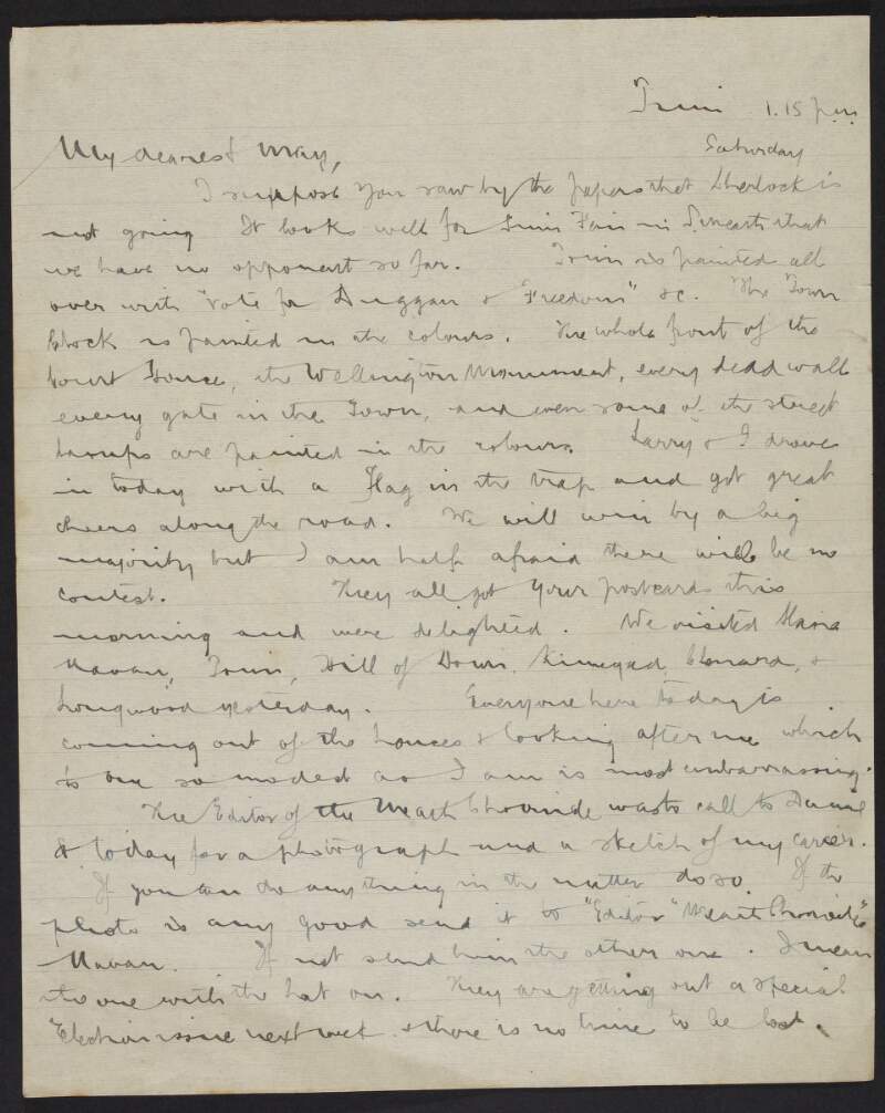 Letter from Éamonn Duggan to his fiancée May Kavanagh, written from Trim, Co. Meath,