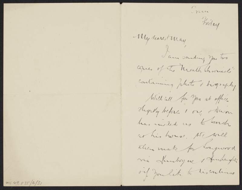 Letter from Éamonn Duggan to his fiancée May Kavanagh, written from Trim, Co. Meath,