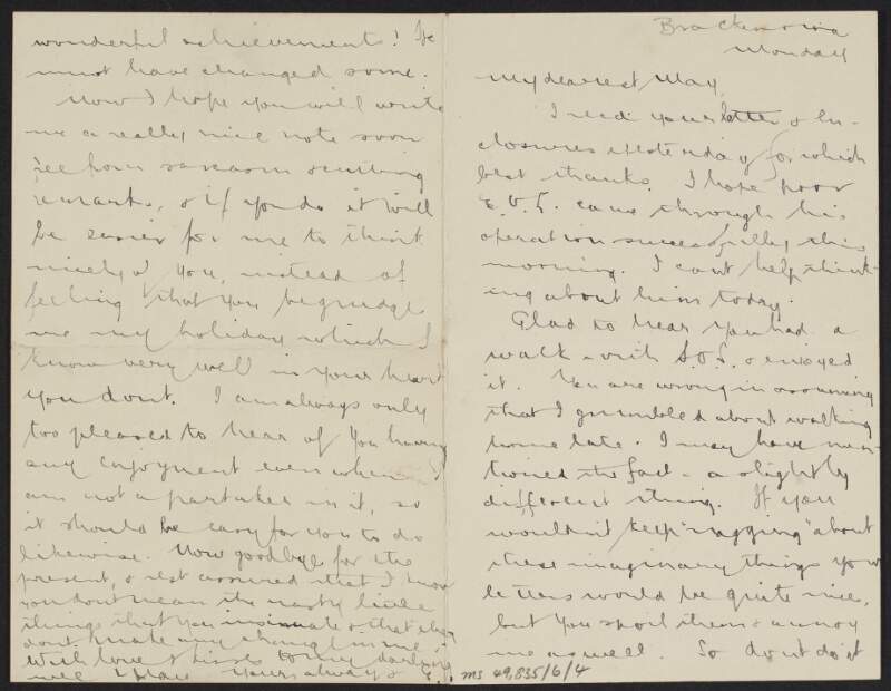 Letter from Éamonn Duggan to his fiancée May Kavanagh, written from Brackanraney, Co. Meath,