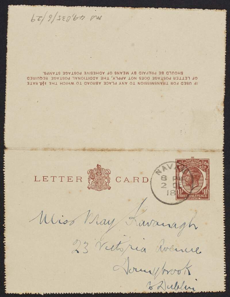 Lettercard from Éamonn Duggan to his fiancée May Kavanagh, written from Navan, Co. Meath,