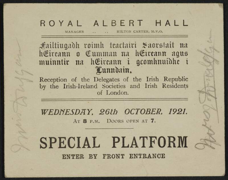 Invitation to attend a reception of the Irish Republican Delegation at the Albert Hall, London,